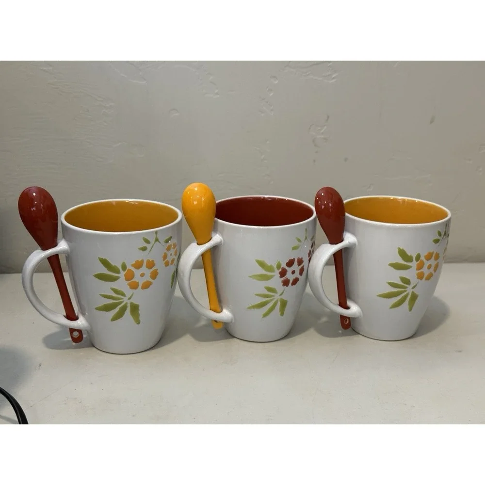 Lot Of 3 Pier 1 Stoneware Coffee Mugs 14 oz  with Spoons Fowers Hand painted